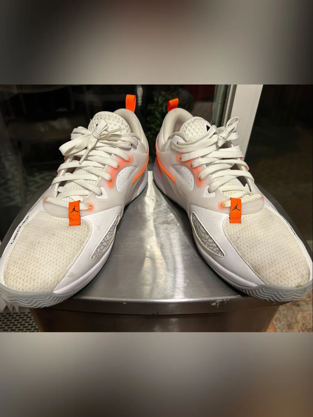 Sz 13 men Jordan Heirs White, Grey, and Laser Orange/Black accents.